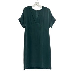 IKKS Women Silk Shift Dress 36 Small Dark Green Cutout Sleeve Elegant Minimalist